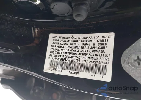 2013 Honda Civic Ex z USA, uszkodzony, nr VIN 19XFB2F82DE260779